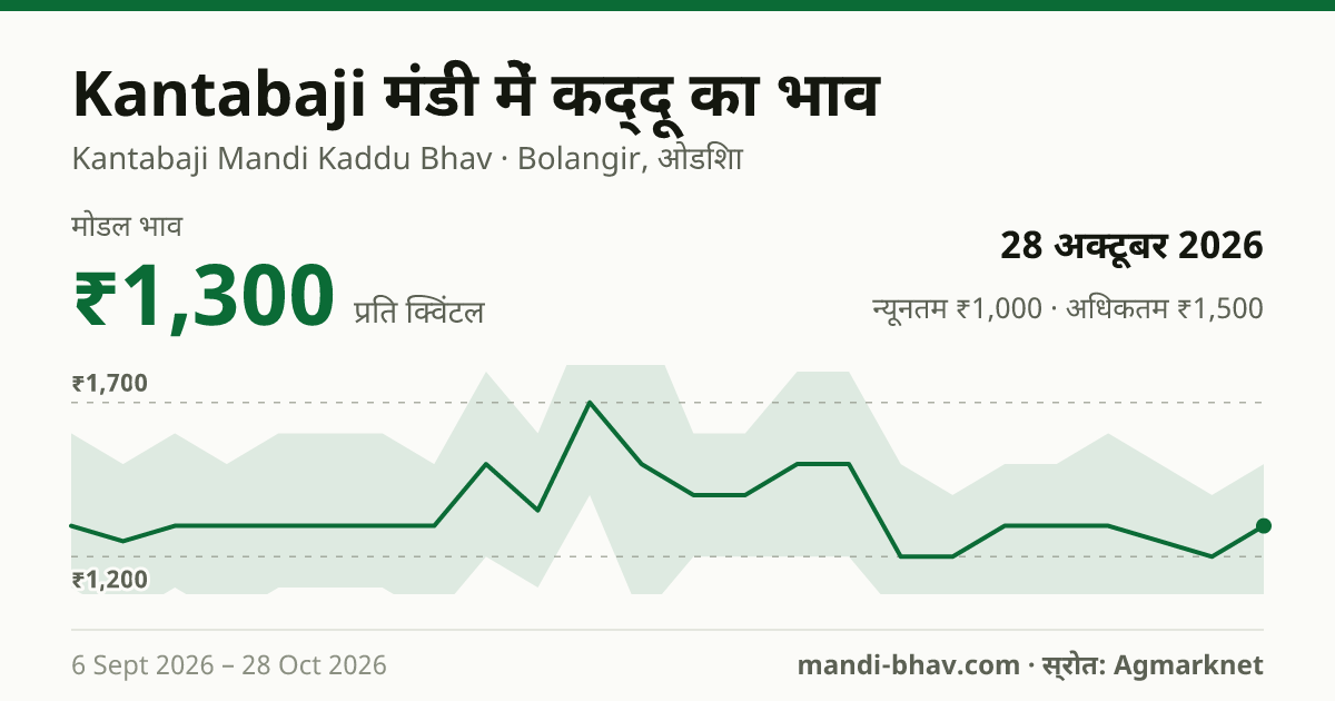 Kantabaji मंडी में कद्दू का भाव 28 अक्टूबर 2026: मोडल ₹1,300 प्रति क्विंटल, भाव के रुझान का चार्ट