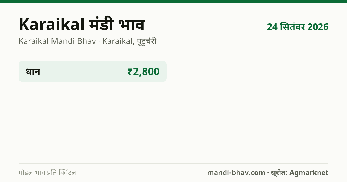 Karaikal मंडी भाव 24 सितंबर 2026: फसलवार मोडल रेट प्रति क्विंटल