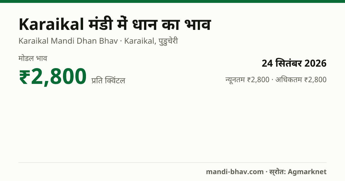Karaikal मंडी में धान का भाव 24 सितंबर 2026: मोडल ₹2,800 प्रति क्विंटल, भाव के रुझान का चार्ट