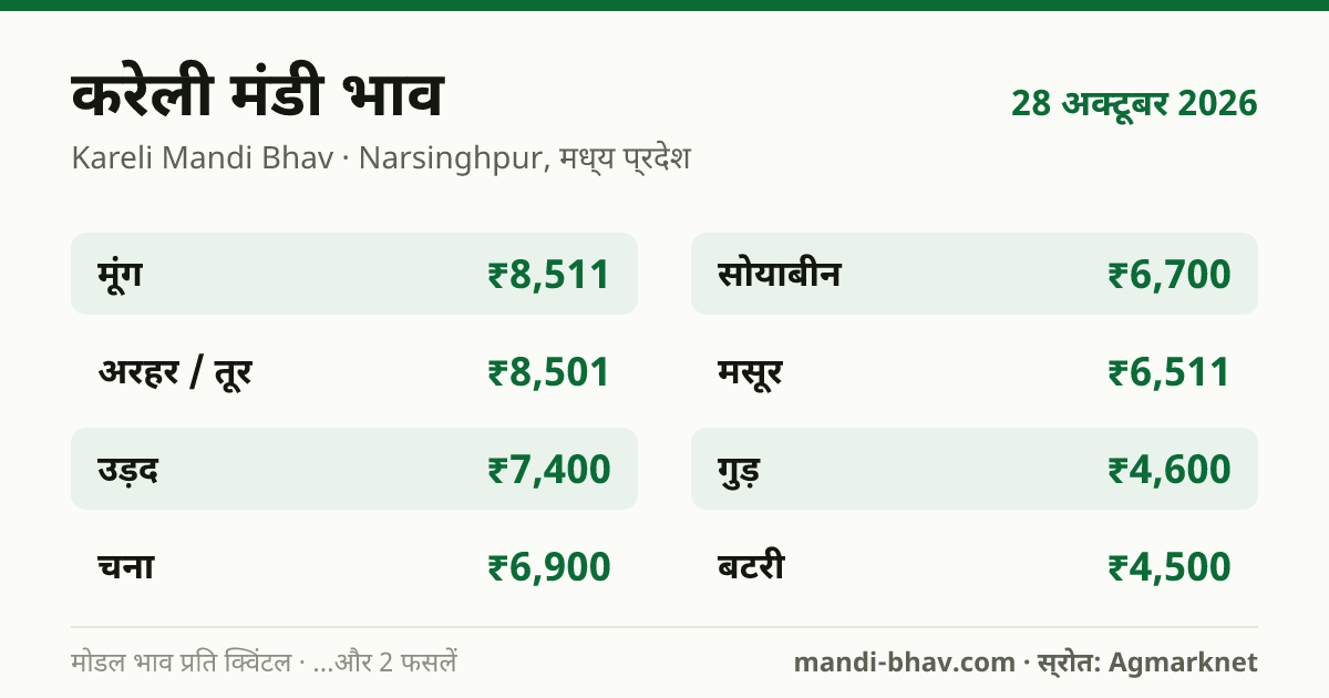 Kareli मंडी भाव 28 अक्टूबर 2026: फसलवार मोडल रेट प्रति क्विंटल