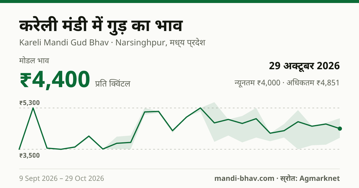 Kareli मंडी में गुड़ का भाव 29 अक्टूबर 2026: मोडल ₹4,400 प्रति क्विंटल, भाव के रुझान का चार्ट