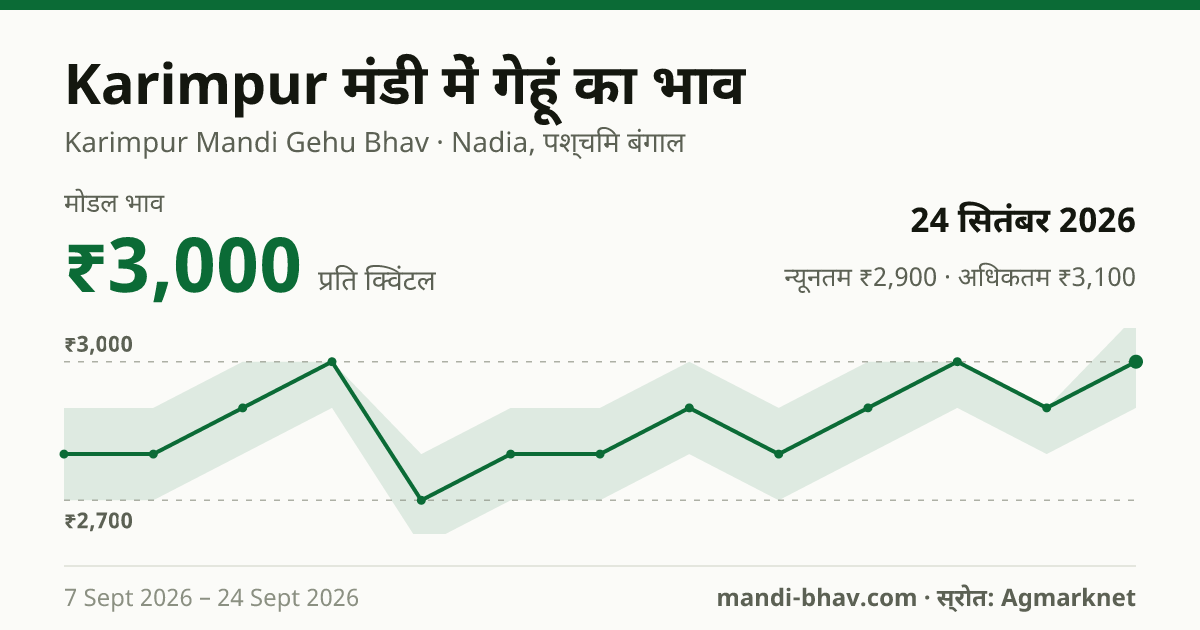 Karimpur मंडी में गेहूं का भाव 24 सितंबर 2026: मोडल ₹3,000 प्रति क्विंटल, भाव के रुझान का चार्ट