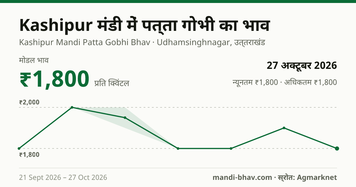 Kashipur मंडी में पत्ता गोभी का भाव 27 अक्टूबर 2026: मोडल ₹1,800 प्रति क्विंटल, भाव के रुझान का चार्ट