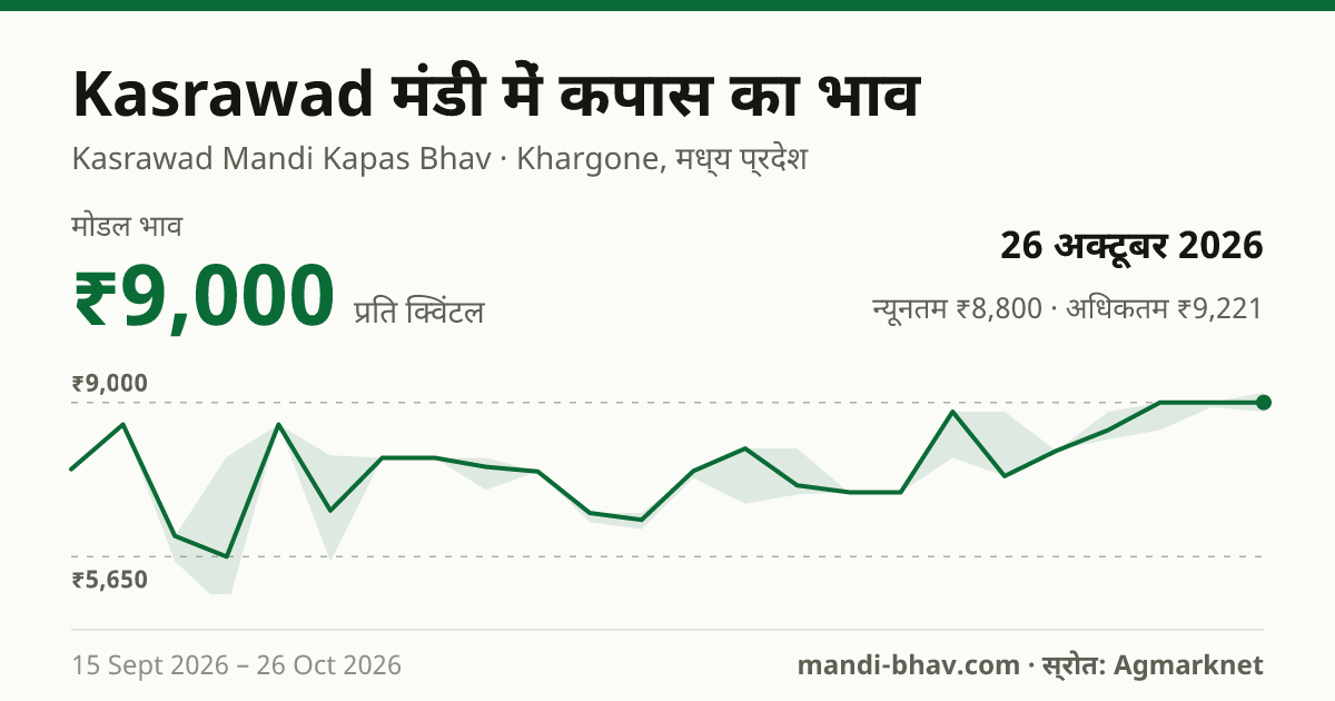 Kasrawad मंडी में कपास का भाव 26 अक्टूबर 2026: मोडल ₹9,000 प्रति क्विंटल, भाव के रुझान का चार्ट