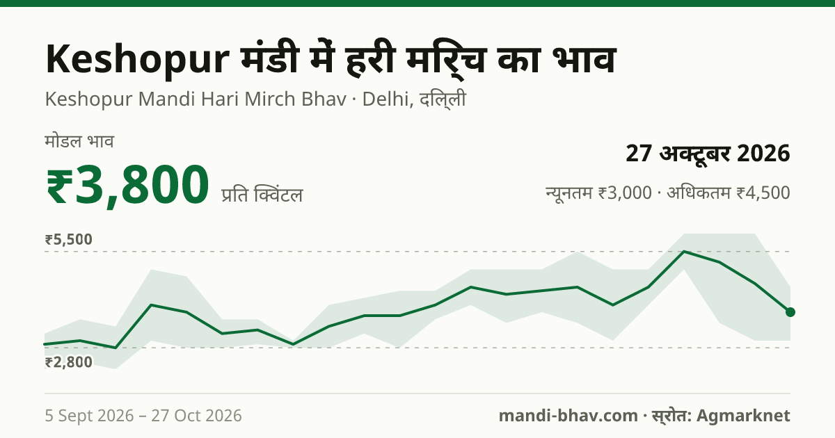 Keshopur मंडी में हरी मिर्च का भाव 27 अक्टूबर 2026: मोडल ₹3,800 प्रति क्विंटल, भाव के रुझान का चार्ट