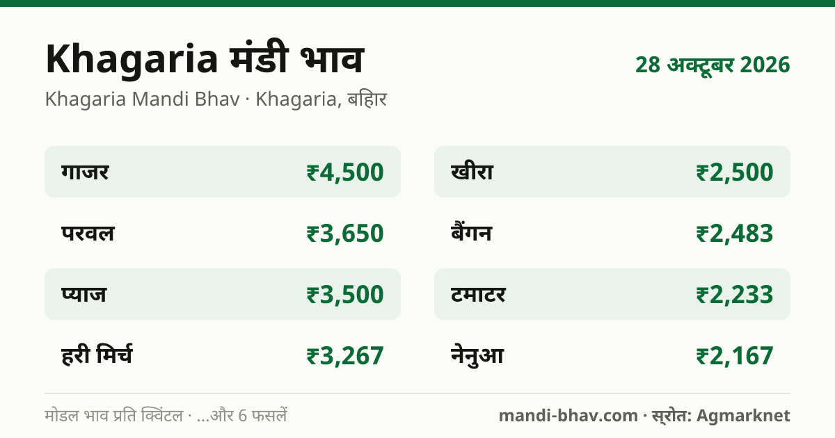 Khagaria मंडी भाव 28 अक्टूबर 2026: फसलवार मोडल रेट प्रति क्विंटल