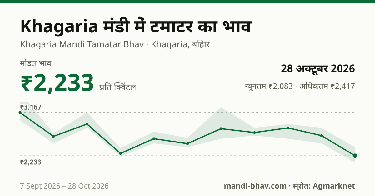 Khagaria मंडी में टमाटर का भाव 28 अक्टूबर 2026: मोडल ₹2,233 प्रति क्विंटल, भाव के रुझान का चार्ट