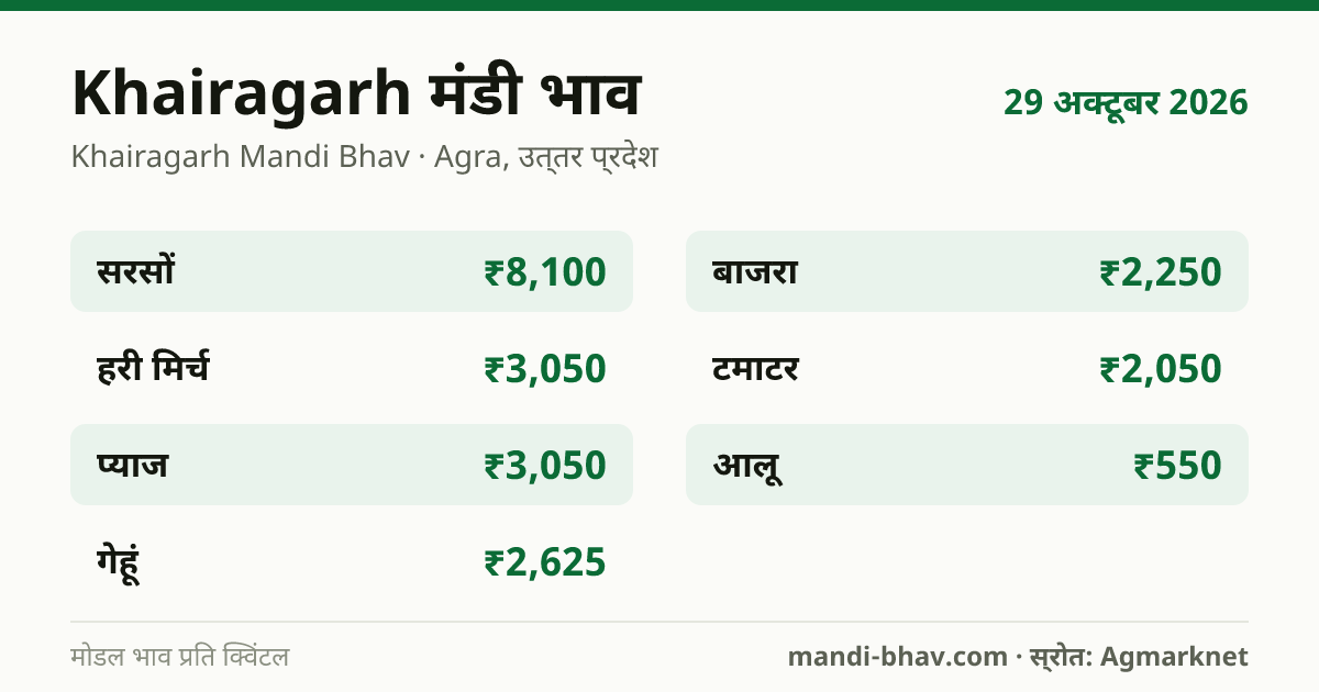 Khairagarh मंडी भाव 29 अक्टूबर 2026: फसलवार मोडल रेट प्रति क्विंटल