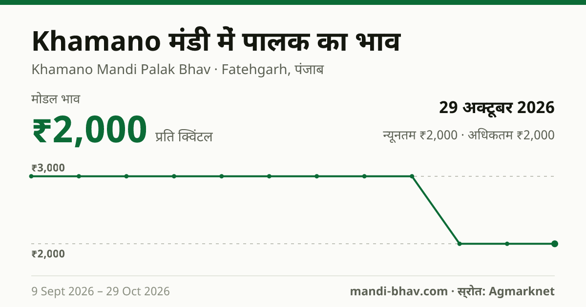 Khamano मंडी में पालक का भाव 29 अक्टूबर 2026: मोडल ₹2,000 प्रति क्विंटल, भाव के रुझान का चार्ट