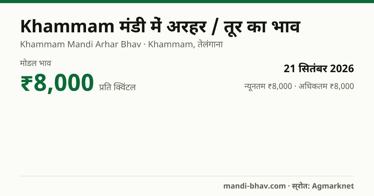 Khammam मंडी में अरहर / तूर का भाव 21 सितंबर 2026: मोडल ₹8,000 प्रति क्विंटल, भाव के रुझान का चार्ट