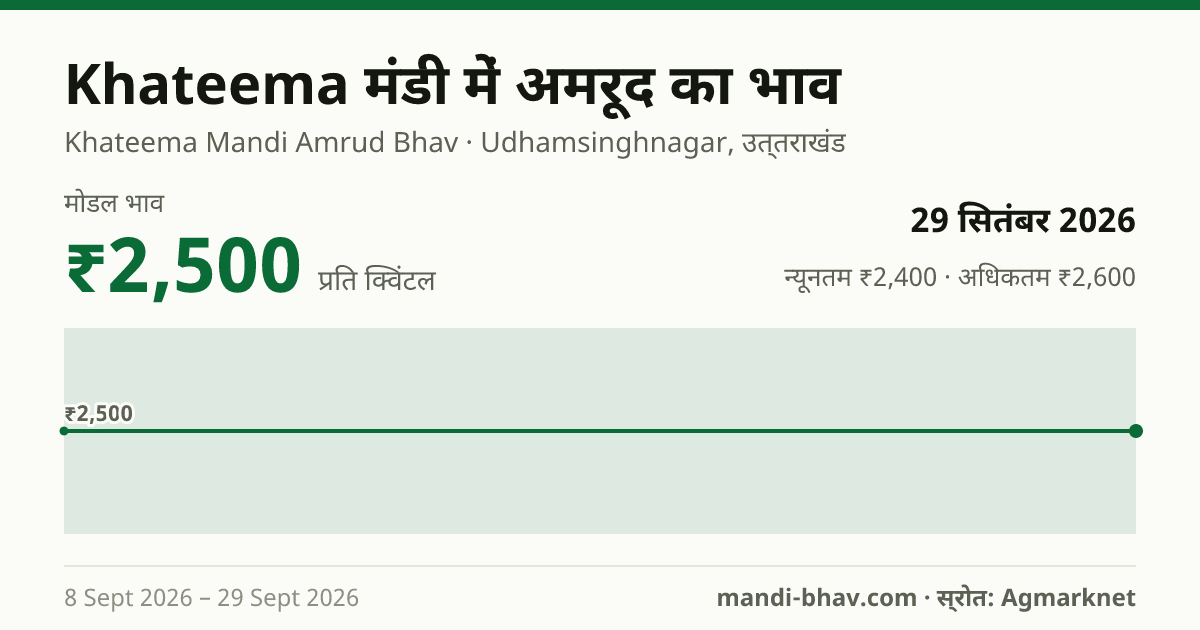 Khateema मंडी में अमरूद का भाव 29 सितंबर 2026: मोडल ₹2,500 प्रति क्विंटल, भाव के रुझान का चार्ट