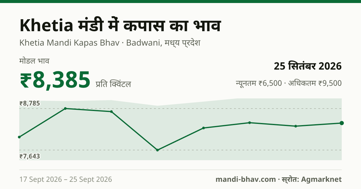 Khetia मंडी में कपास का भाव 25 सितंबर 2026: मोडल ₹8,385 प्रति क्विंटल, भाव के रुझान का चार्ट