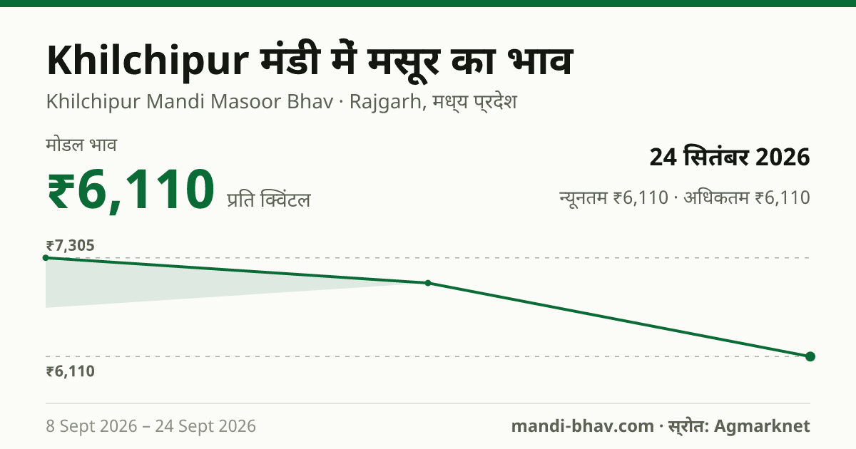 Khilchipur मंडी में मसूर का भाव 24 सितंबर 2026: मोडल ₹6,110 प्रति क्विंटल, भाव के रुझान का चार्ट