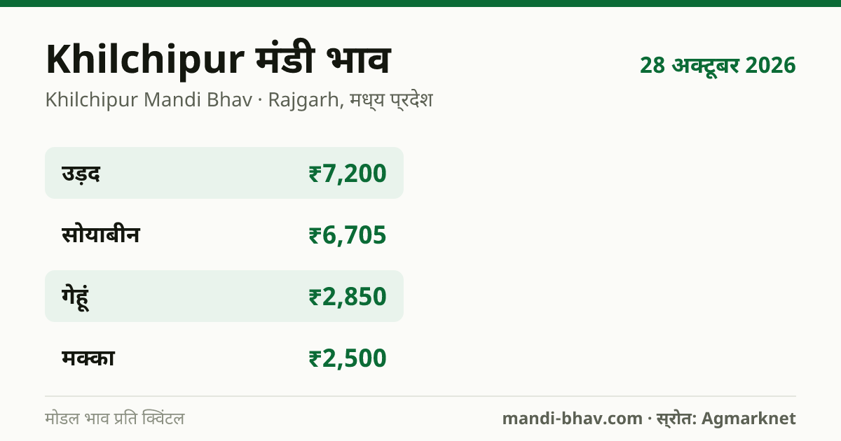 Khilchipur मंडी भाव 28 अक्टूबर 2026: फसलवार मोडल रेट प्रति क्विंटल
