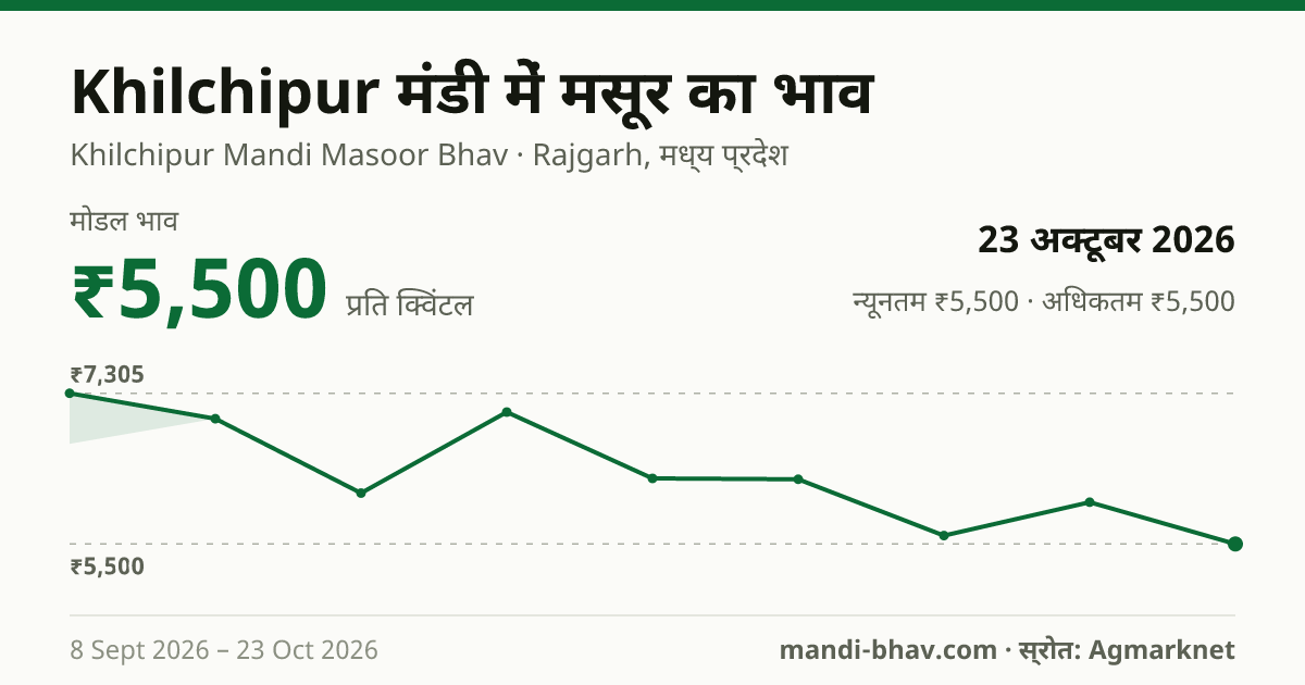 Khilchipur मंडी में मसूर का भाव 23 अक्टूबर 2026: मोडल ₹5,500 प्रति क्विंटल, भाव के रुझान का चार्ट