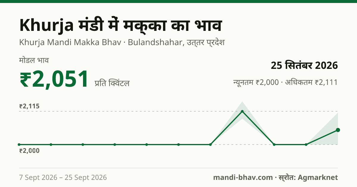 Khurja मंडी में मक्का का भाव 25 सितंबर 2026: मोडल ₹2,051 प्रति क्विंटल, भाव के रुझान का चार्ट