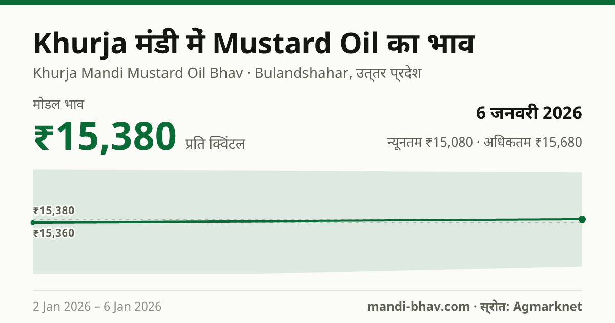 Khurja मंडी में Mustard Oil का भाव 6 जनवरी 2026: मोडल ₹15,380 प्रति क्विंटल, भाव के रुझान का चार्ट