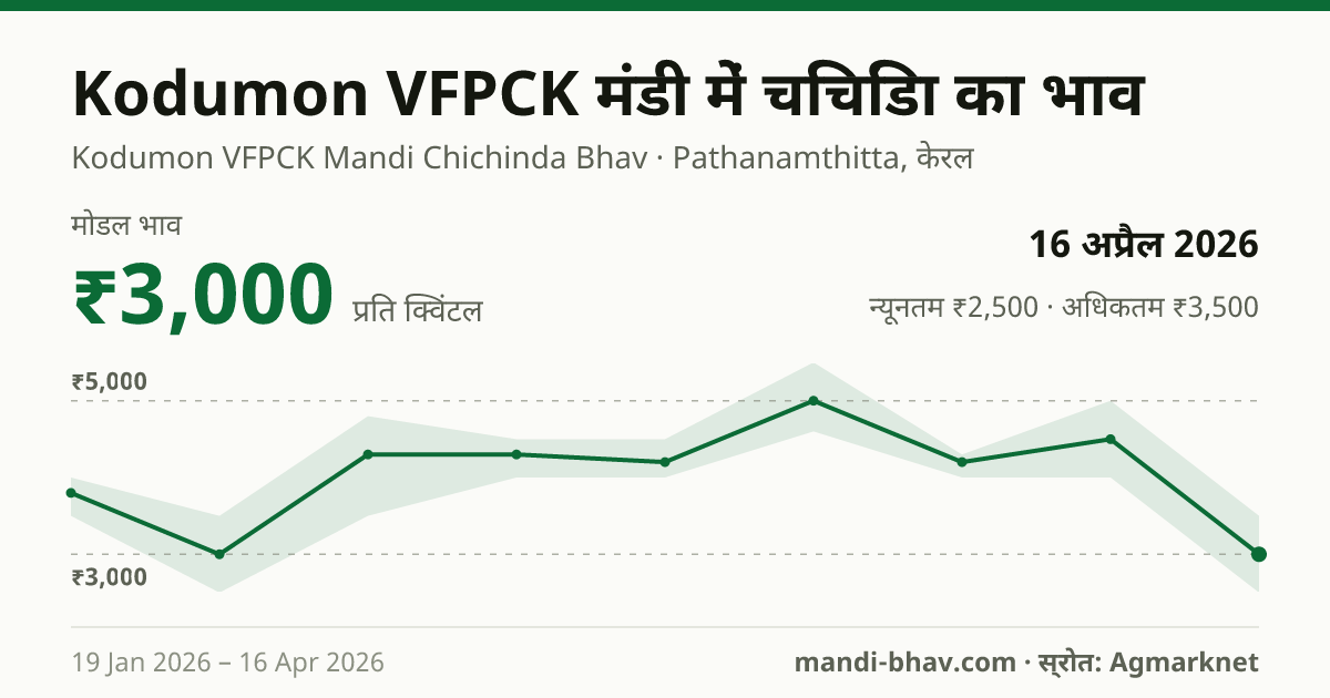 Kodumon VFPCK मंडी में चिचिंडा का भाव 16 अप्रैल 2026: मोडल ₹3,000 प्रति क्विंटल, भाव के रुझान का चार्ट