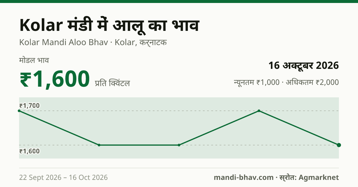 Kolar मंडी में आलू का भाव 16 अक्टूबर 2026: मोडल ₹1,600 प्रति क्विंटल, भाव के रुझान का चार्ट
