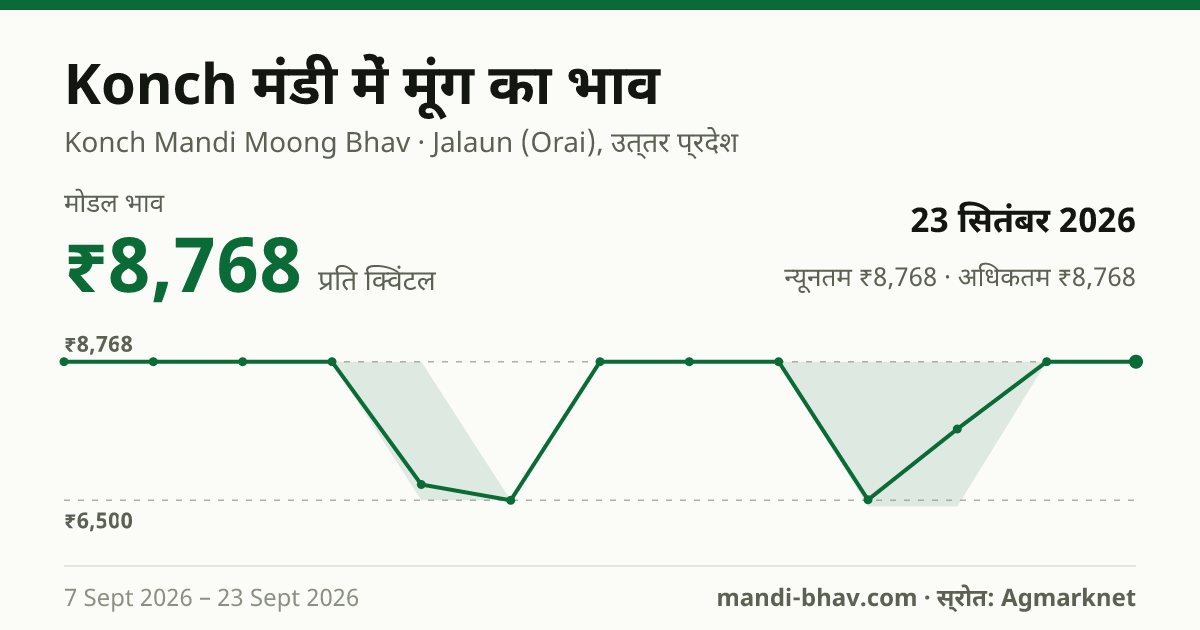 Konch मंडी में मूंग का भाव 23 सितंबर 2026: मोडल ₹8,768 प्रति क्विंटल, भाव के रुझान का चार्ट