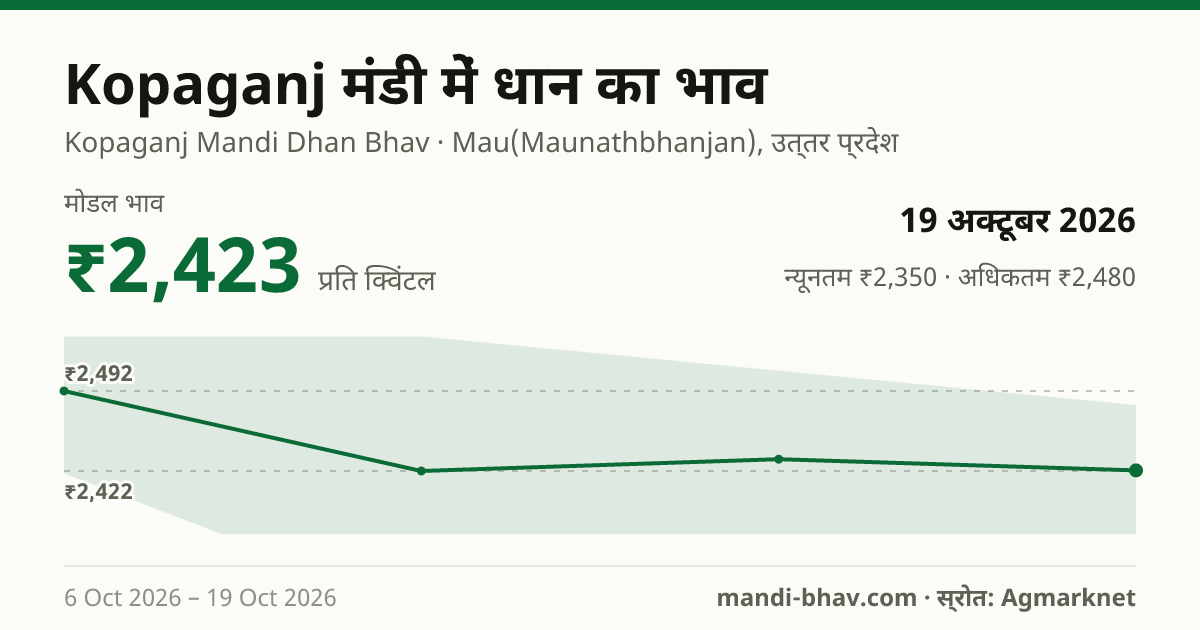 Kopaganj मंडी में धान का भाव 19 अक्टूबर 2026: मोडल ₹2,423 प्रति क्विंटल, भाव के रुझान का चार्ट