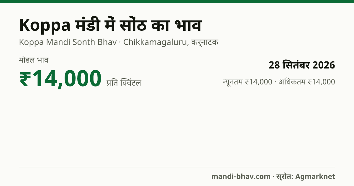 Koppa मंडी में सोंठ का भाव 28 सितंबर 2026: मोडल ₹14,000 प्रति क्विंटल, भाव के रुझान का चार्ट