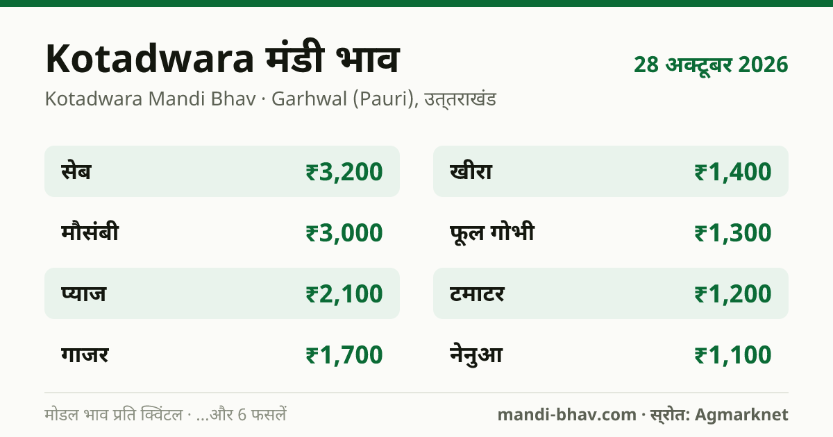 Kotadwara मंडी भाव 28 अक्टूबर 2026: फसलवार मोडल रेट प्रति क्विंटल