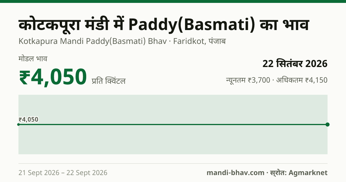 कोटकपूरा मंडी में Paddy(Basmati) का भाव 22 सितंबर 2026: मोडल ₹4,050 प्रति क्विंटल, भाव के रुझान का चार्ट