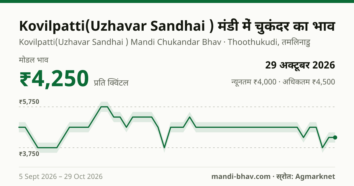 Kovilpatti(Uzhavar Sandhai ) मंडी में चुकंदर का भाव 29 अक्टूबर 2026: मोडल ₹4,250 प्रति क्विंटल, भाव के रुझान का चार्ट