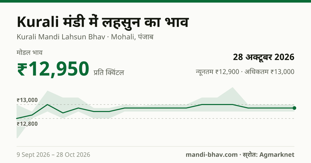 Kurali मंडी में लहसुन का भाव 28 अक्टूबर 2026: मोडल ₹12,950 प्रति क्विंटल, भाव के रुझान का चार्ट