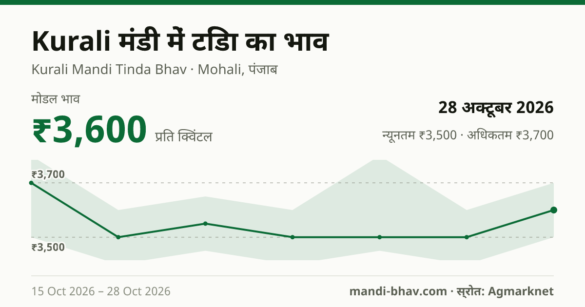 Kurali मंडी में टिंडा का भाव 28 अक्टूबर 2026: मोडल ₹3,600 प्रति क्विंटल, भाव के रुझान का चार्ट