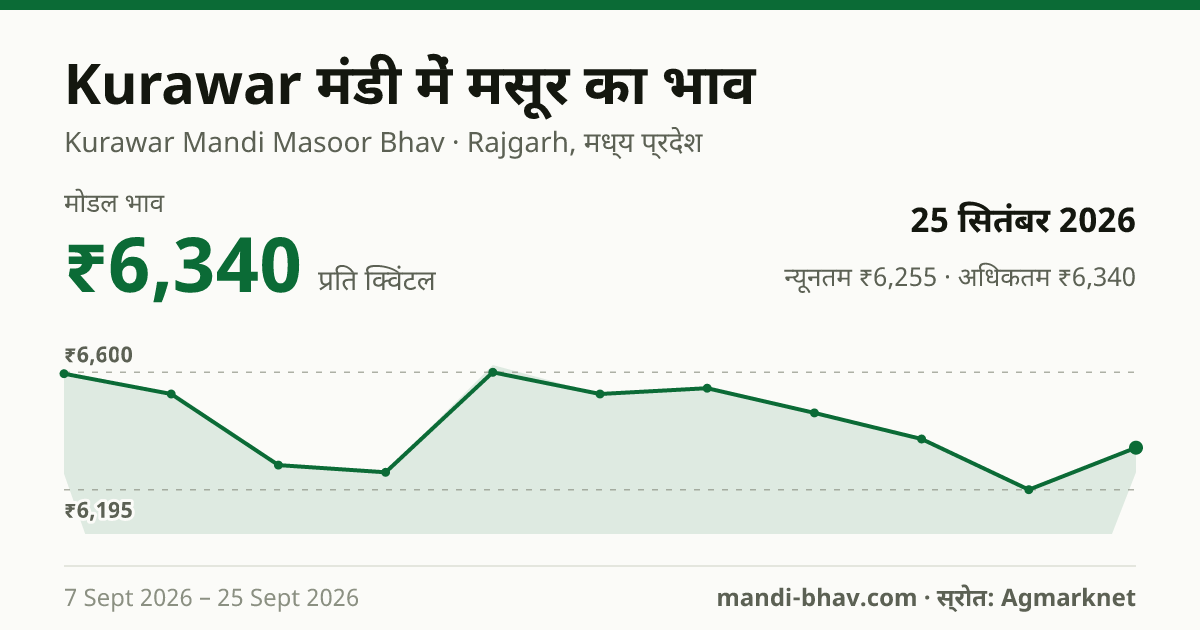 Kurawar मंडी में मसूर का भाव 25 सितंबर 2026: मोडल ₹6,340 प्रति क्विंटल, भाव के रुझान का चार्ट