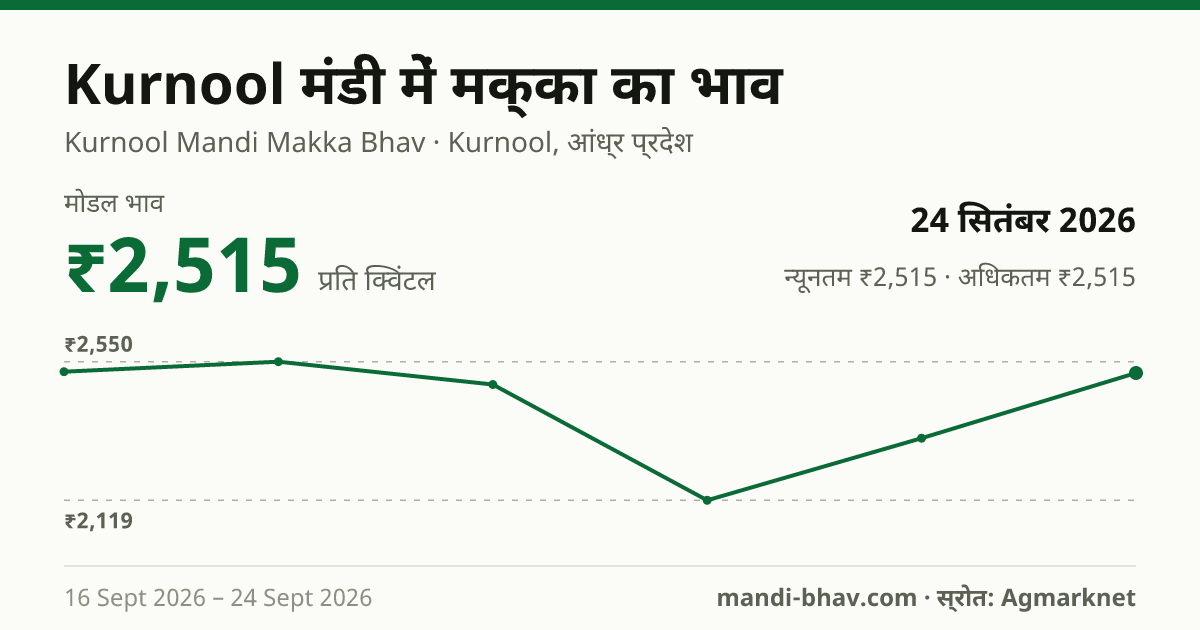 Kurnool मंडी में मक्का का भाव 24 सितंबर 2026: मोडल ₹2,515 प्रति क्विंटल, भाव के रुझान का चार्ट