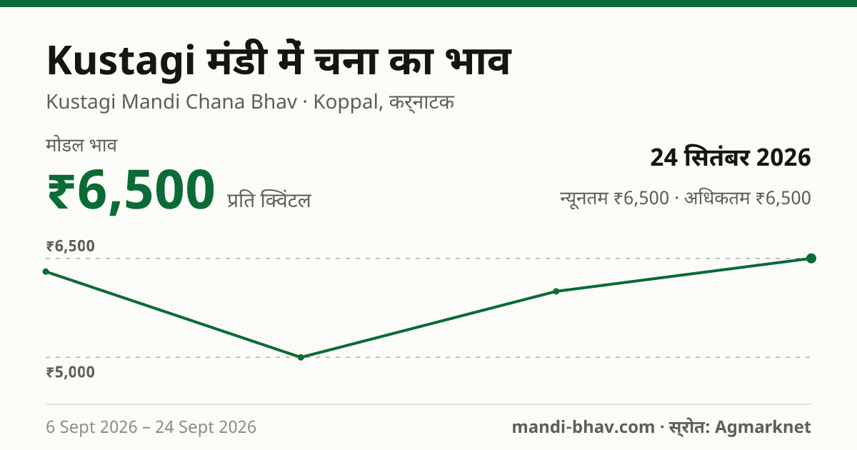 Kustagi मंडी में चना का भाव 24 सितंबर 2026: मोडल ₹6,500 प्रति क्विंटल, भाव के रुझान का चार्ट