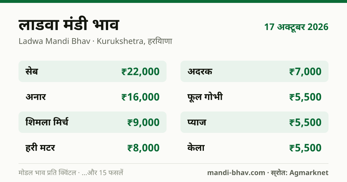 लाडवा मंडी भाव 17 अक्टूबर 2026: फसलवार मोडल रेट प्रति क्विंटल