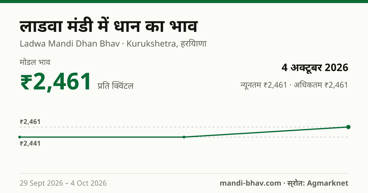 लाडवा मंडी में धान का भाव 4 अक्टूबर 2026: मोडल ₹2,461 प्रति क्विंटल, भाव के रुझान का चार्ट