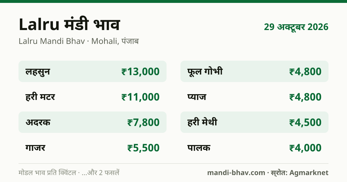 Lalru मंडी भाव 29 अक्टूबर 2026: फसलवार मोडल रेट प्रति क्विंटल