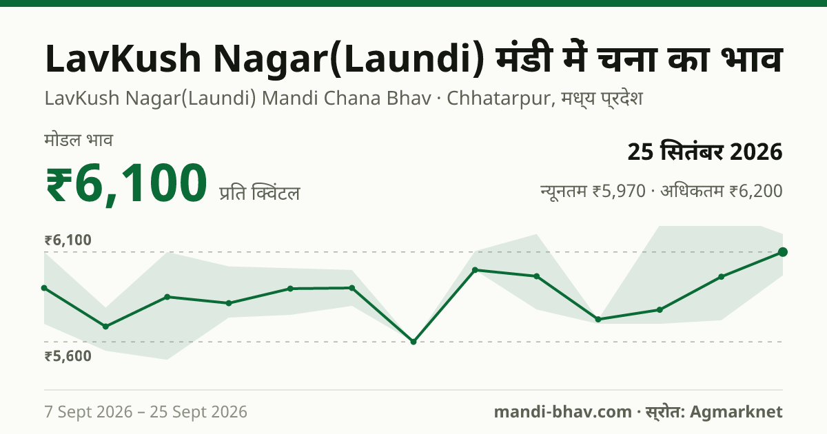 LavKush Nagar(Laundi) मंडी में चना का भाव 25 सितंबर 2026: मोडल ₹6,100 प्रति क्विंटल, भाव के रुझान का चार्ट