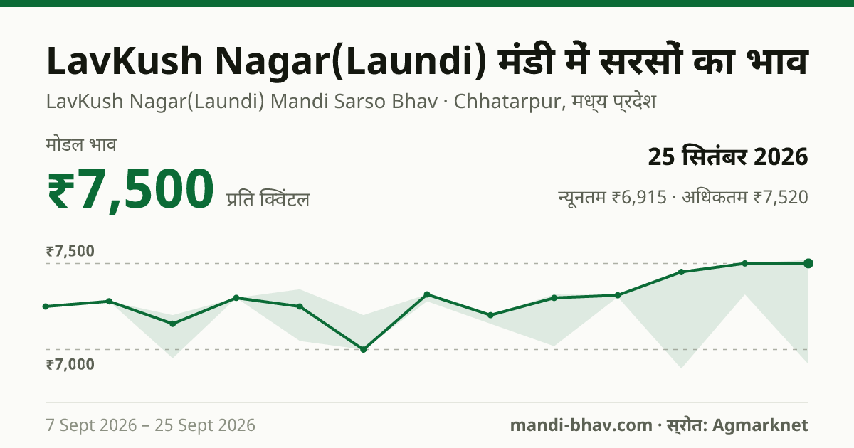 LavKush Nagar(Laundi) मंडी में सरसों का भाव 25 सितंबर 2026: मोडल ₹7,500 प्रति क्विंटल, भाव के रुझान का चार्ट