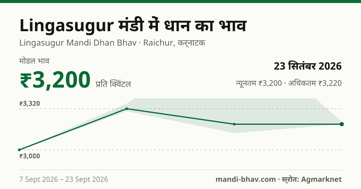 Lingasugur मंडी में धान का भाव 23 सितंबर 2026: मोडल ₹3,200 प्रति क्विंटल, भाव के रुझान का चार्ट