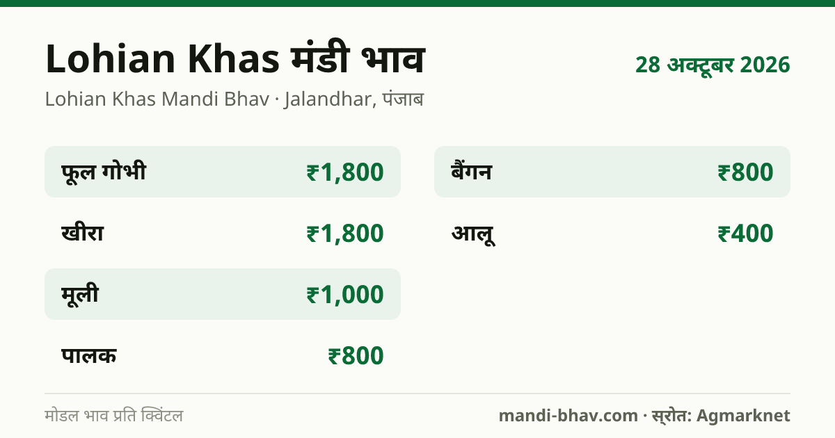 Lohian Khas मंडी भाव 28 अक्टूबर 2026: फसलवार मोडल रेट प्रति क्विंटल