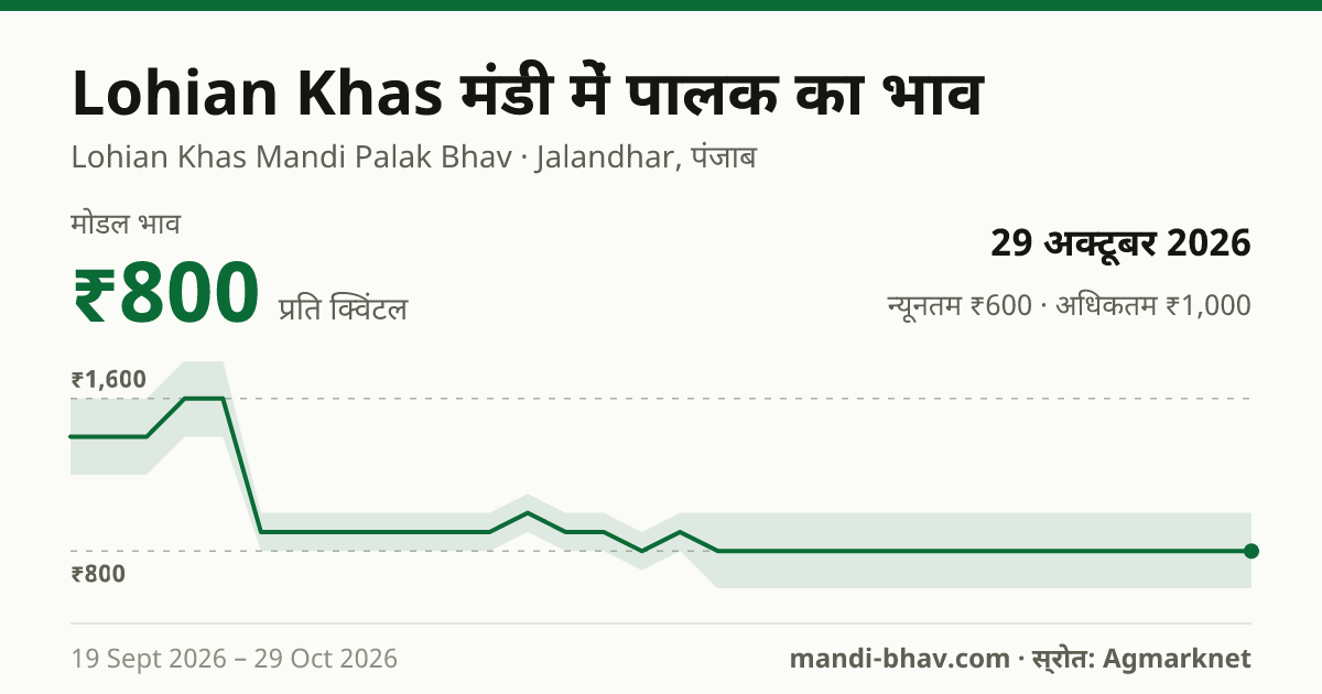 Lohian Khas मंडी में पालक का भाव 29 अक्टूबर 2026: मोडल ₹800 प्रति क्विंटल, भाव के रुझान का चार्ट