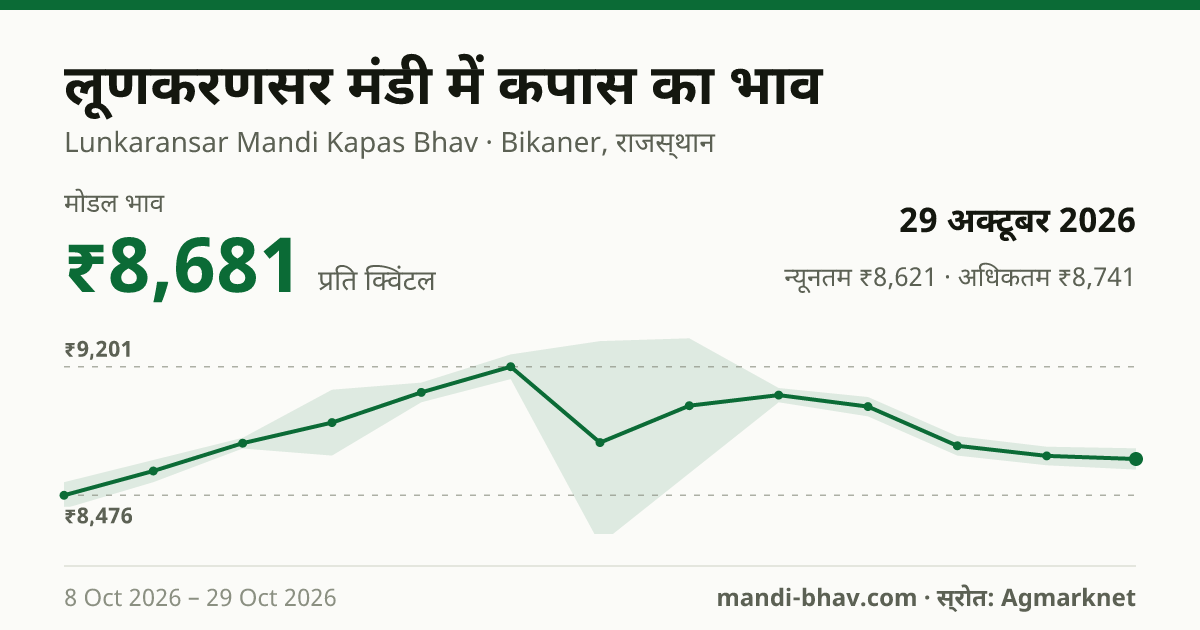 Lunkaransar मंडी में कपास का भाव 29 अक्टूबर 2026: मोडल ₹8,681 प्रति क्विंटल, भाव के रुझान का चार्ट