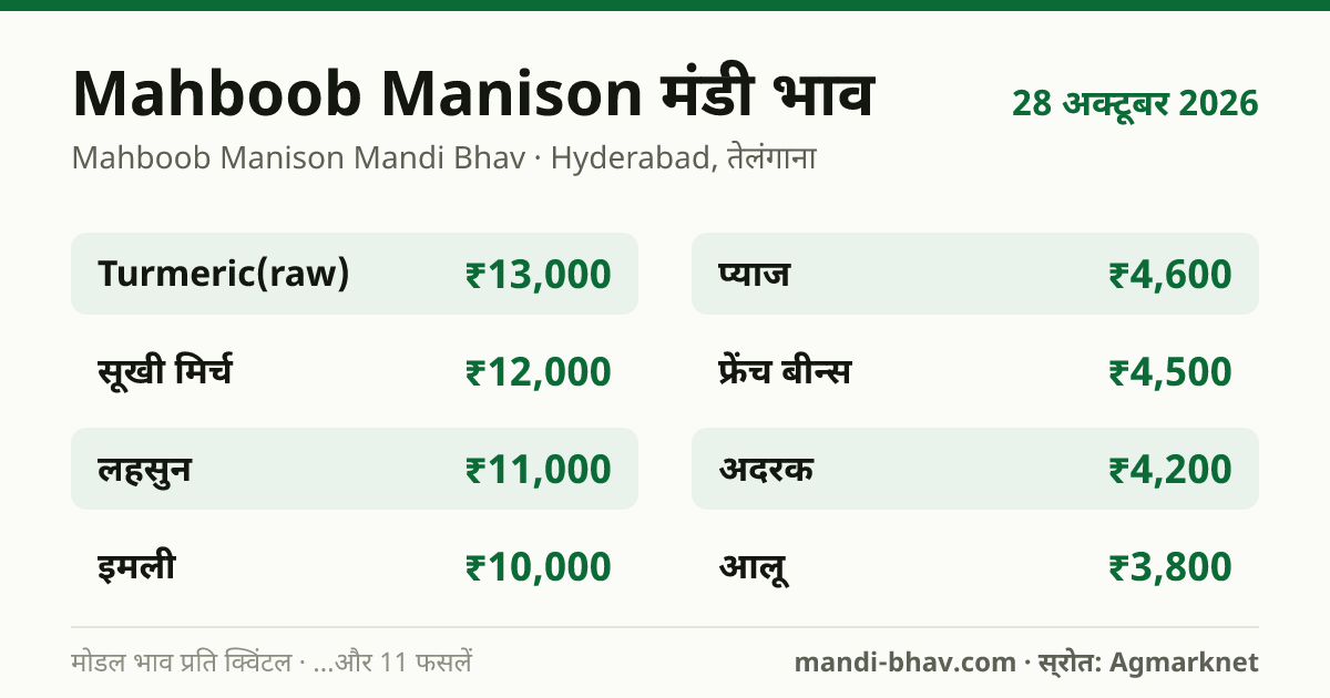 Mahboob Manison मंडी भाव 28 अक्टूबर 2026: फसलवार मोडल रेट प्रति क्विंटल