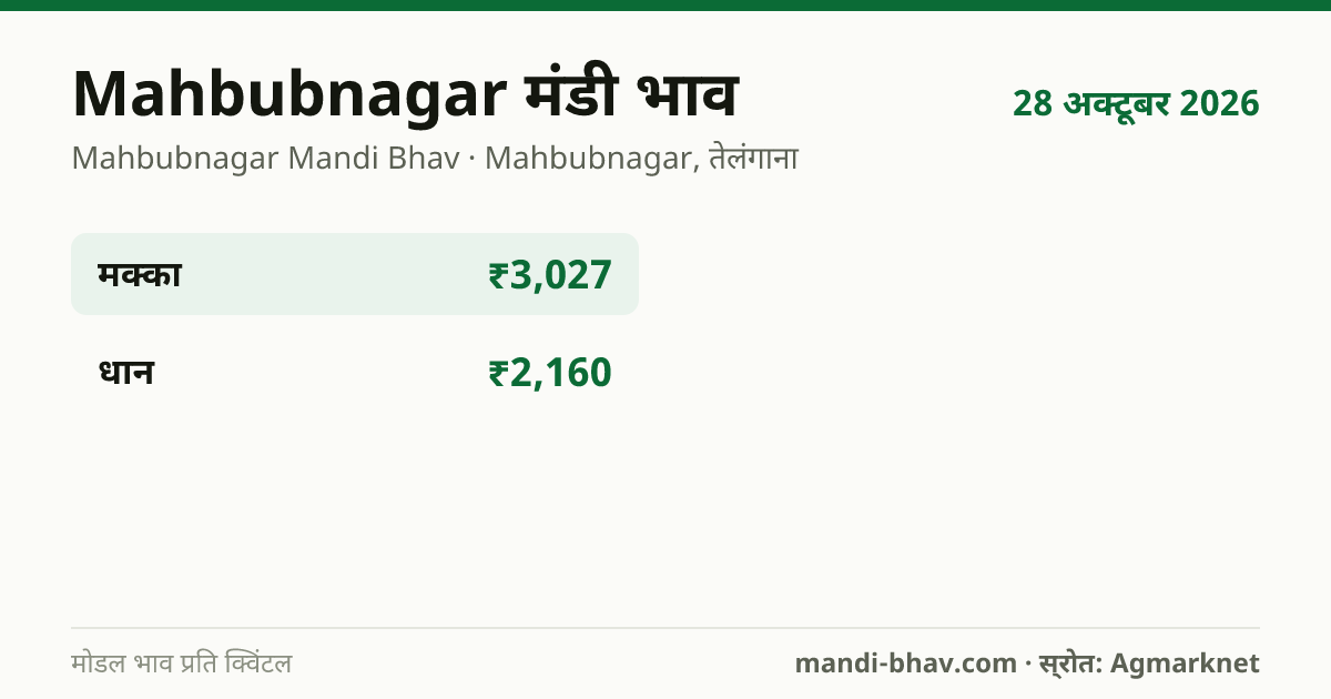 Mahbubnagar मंडी भाव 28 अक्टूबर 2026: फसलवार मोडल रेट प्रति क्विंटल
