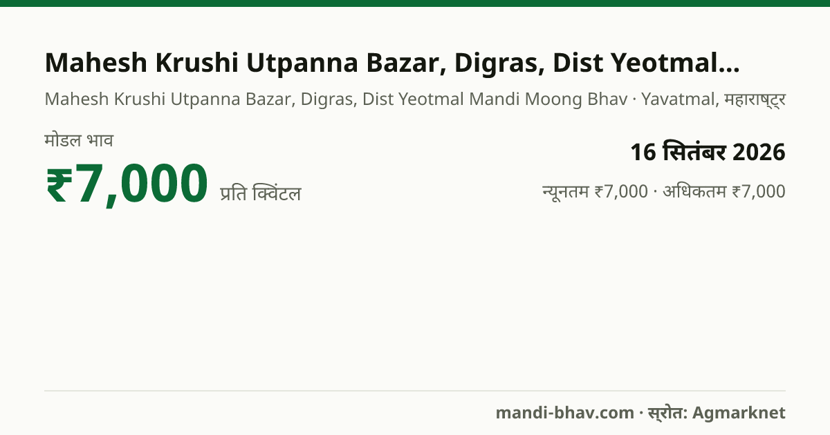 Mahesh Krushi Utpanna Bazar, Digras, Dist Yeotmal मंडी में मूंग का भाव 16 सितंबर 2026: मोडल ₹7,000 प्रति क्विंटल, भाव के रुझान का चार्ट