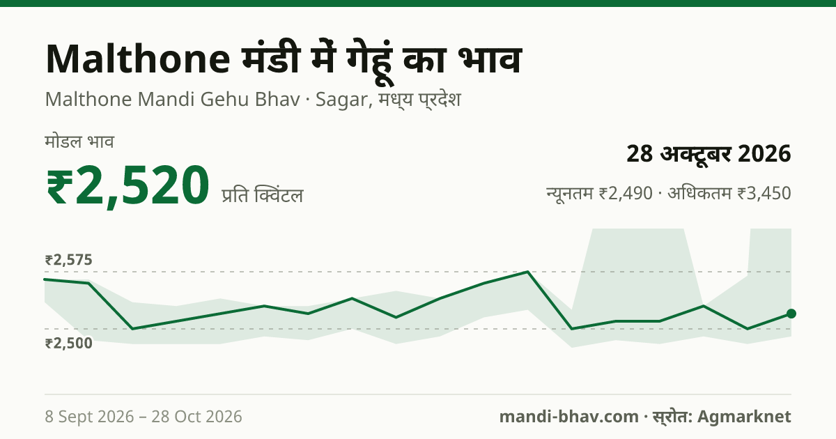 Malthone मंडी में गेहूं का भाव 28 अक्टूबर 2026: मोडल ₹2,520 प्रति क्विंटल, भाव के रुझान का चार्ट