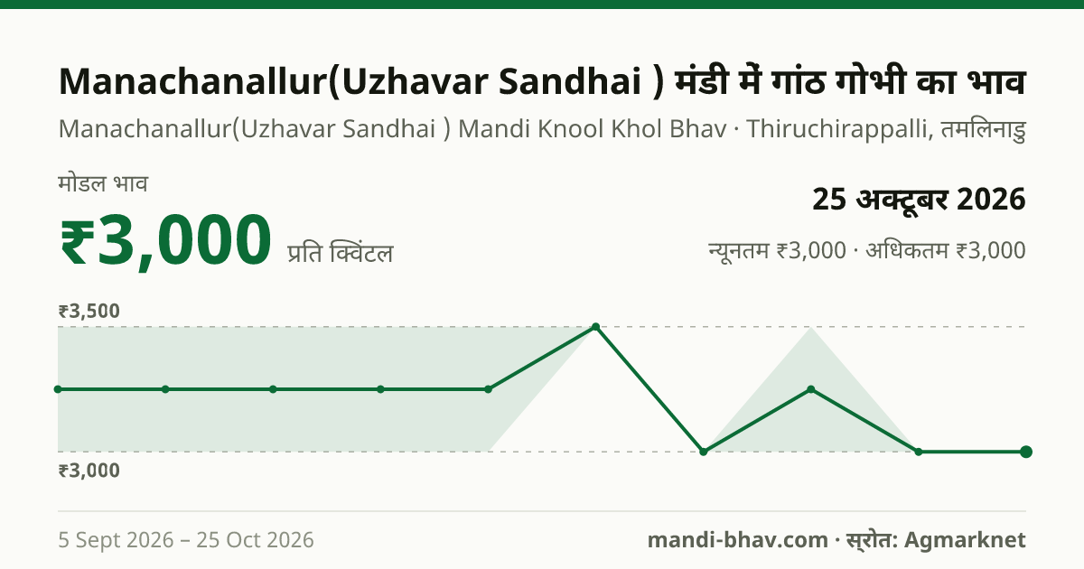 Manachanallur(Uzhavar Sandhai ) मंडी में गांठ गोभी का भाव 25 अक्टूबर 2026: मोडल ₹3,000 प्रति क्विंटल, भाव के रुझान का चार्ट