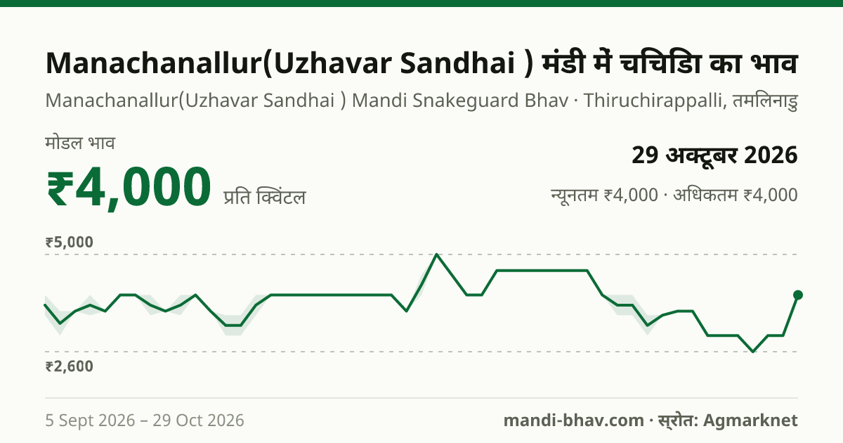 Manachanallur(Uzhavar Sandhai ) मंडी में चिचिंडा का भाव 29 अक्टूबर 2026: मोडल ₹4,000 प्रति क्विंटल, भाव के रुझान का चार्ट