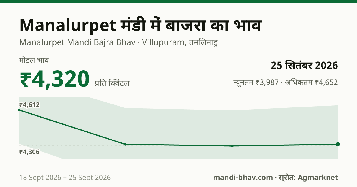 Manalurpet मंडी में बाजरा का भाव 25 सितंबर 2026: मोडल ₹4,320 प्रति क्विंटल, भाव के रुझान का चार्ट